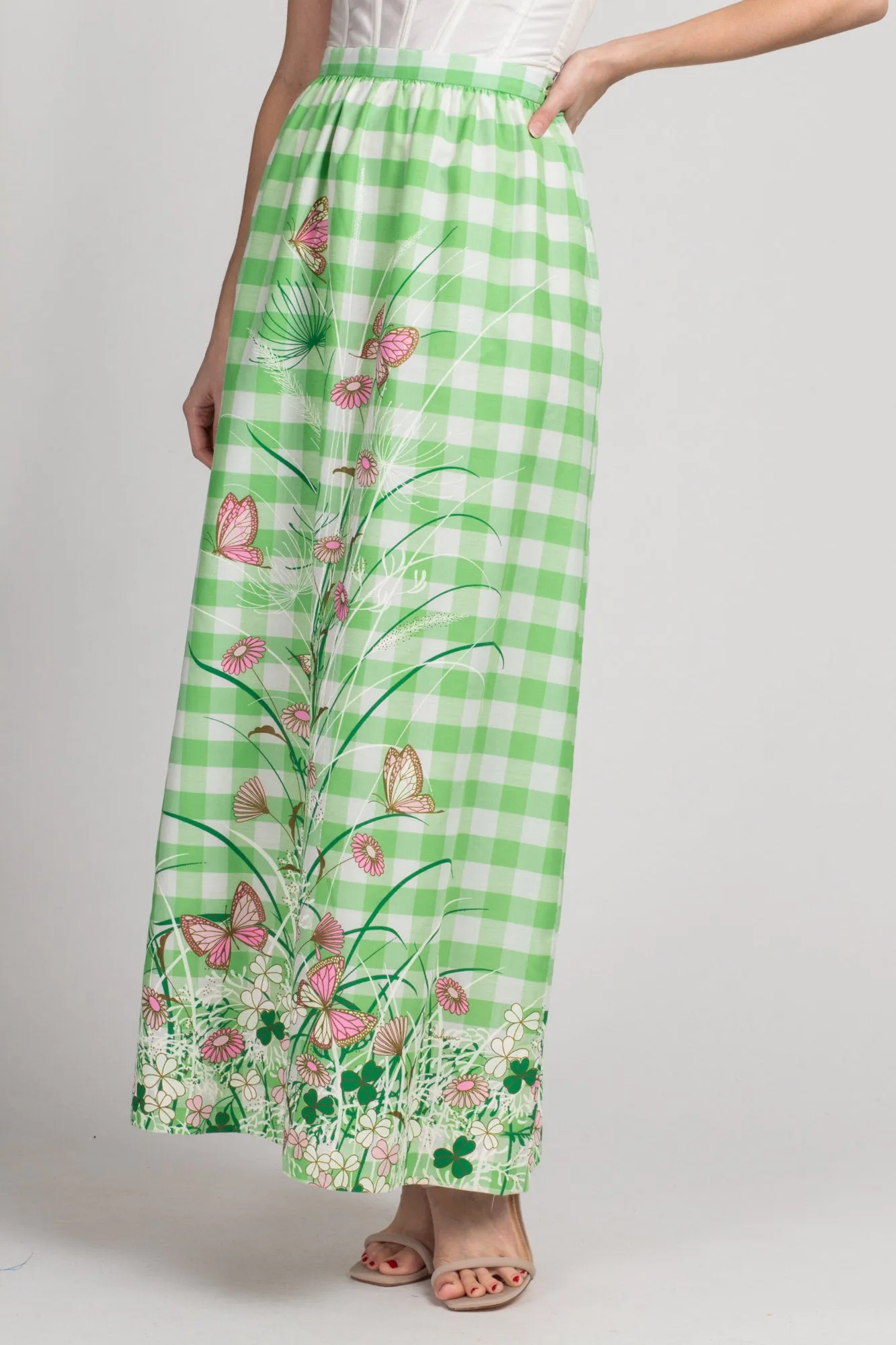 60s 70s Miss Shaheen Butterfly Floral Maxi Skirt - Small