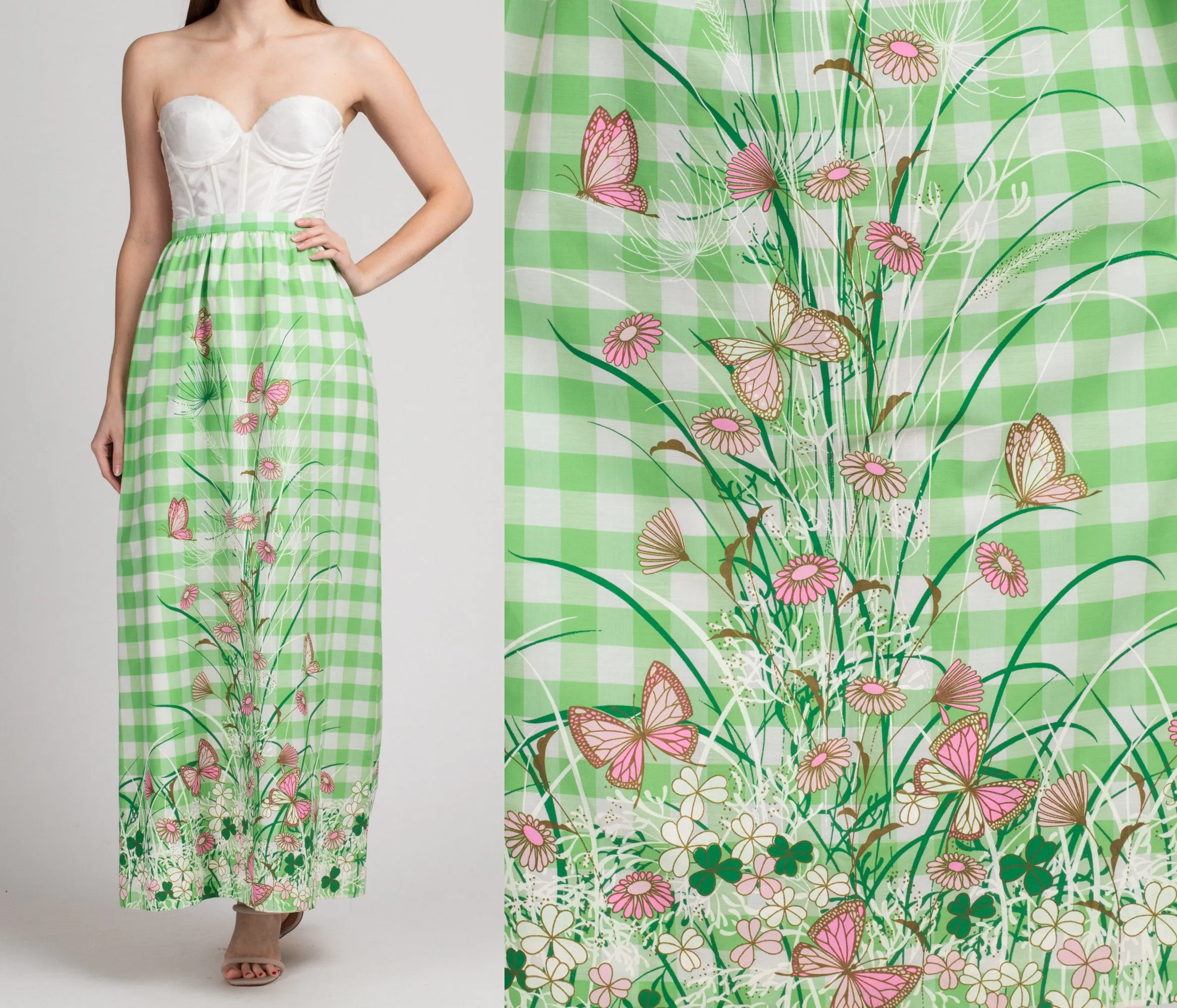 60s 70s Miss Shaheen Butterfly Floral Maxi Skirt - Small
