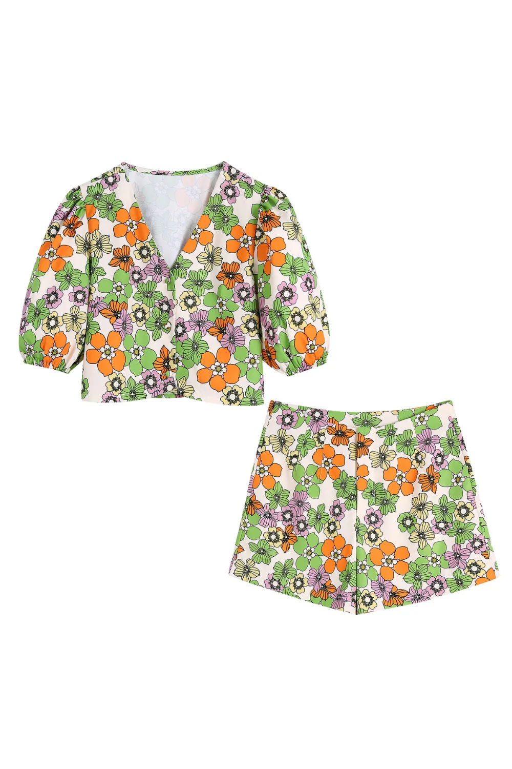 'Anita' Floral V-Neck Top & High Waist Shorts