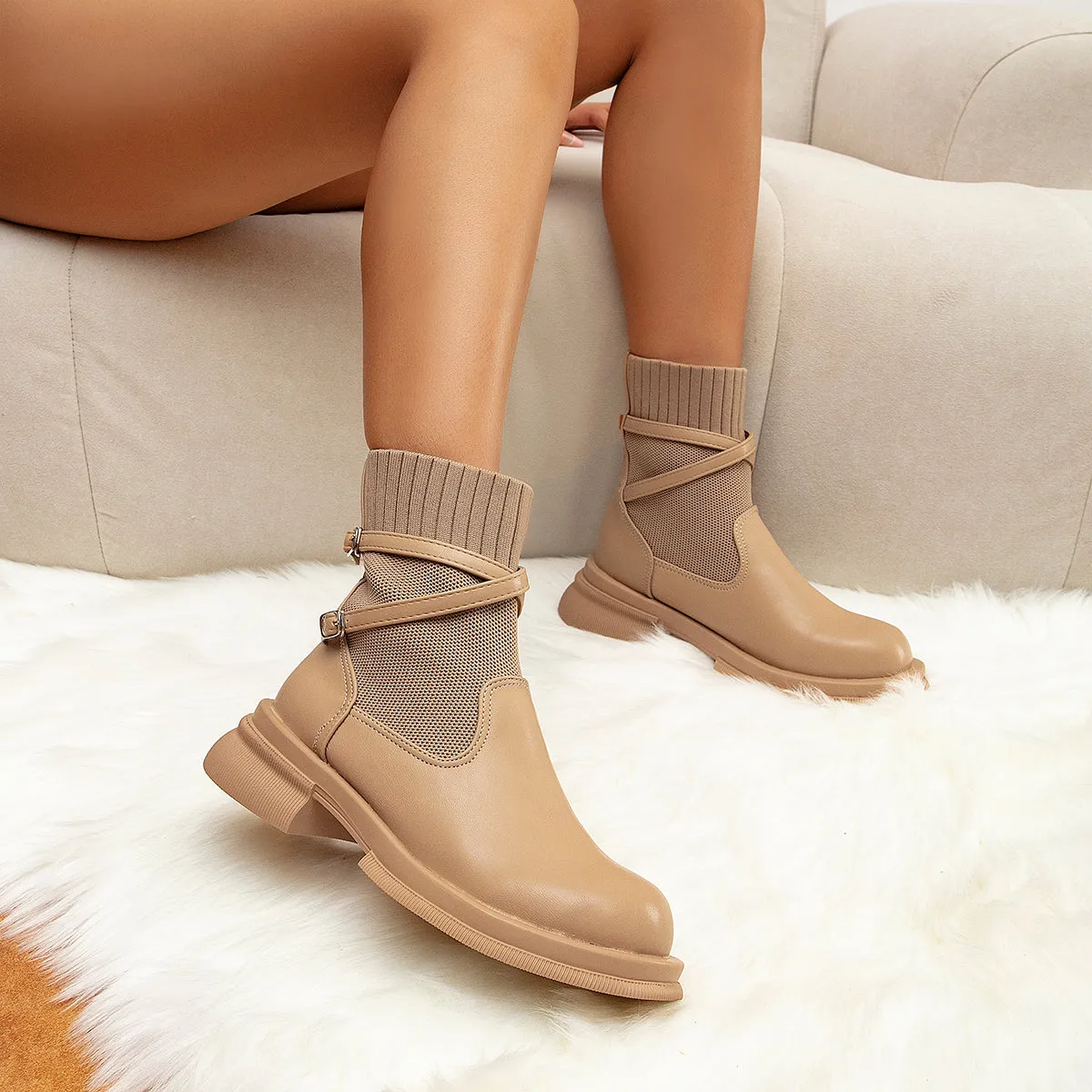 binfenxie- Strap Decor Ankle Boots