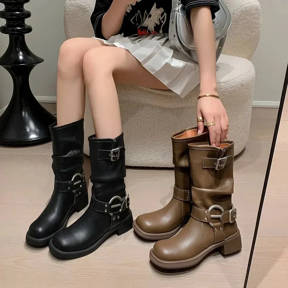 binfenxie Winter Cowboy Boots for Women Fashion Slip On Ladies Casual Short Boots Thick Bottom 2024