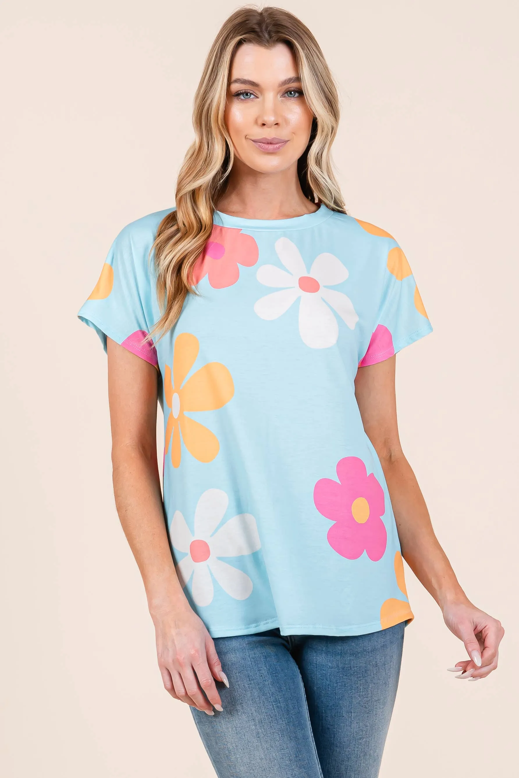 Blue Floral Crew Neck Top