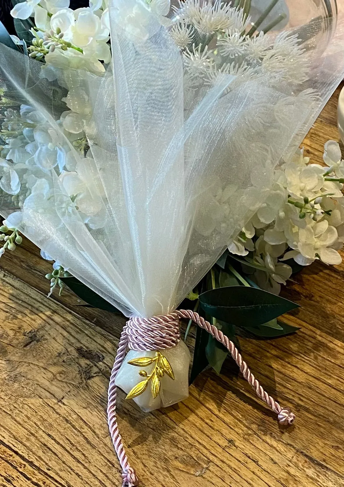 Bomboniere - Dusty Pink Rope with Olive Branch on Tall Organza