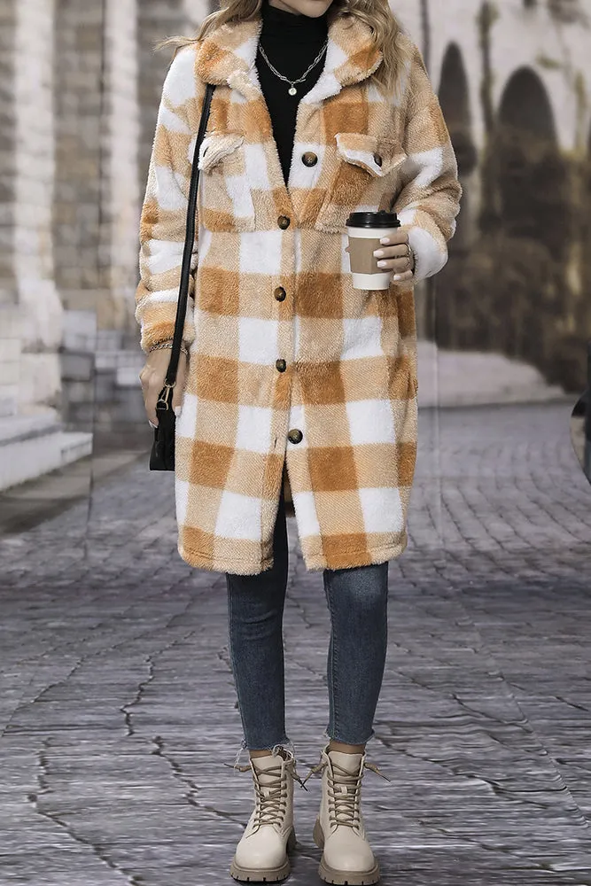 Brown Open Button Plaid Long Length Fleece Winter Outfits Coat