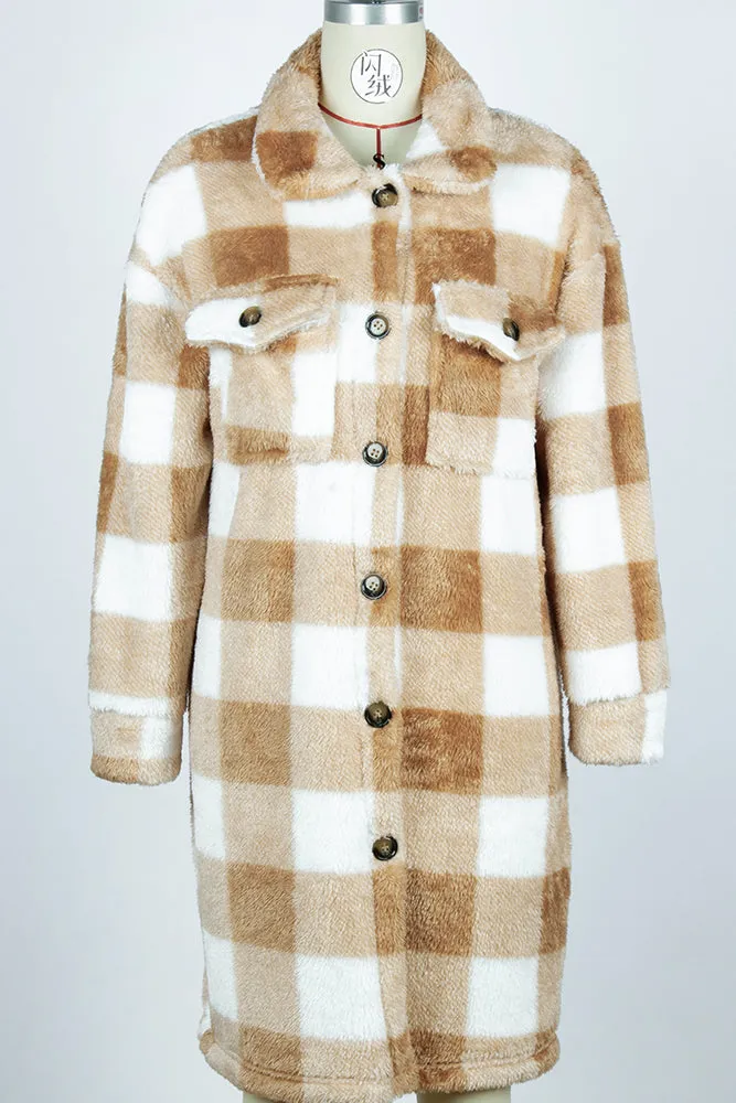 Brown Open Button Plaid Long Length Fleece Winter Outfits Coat