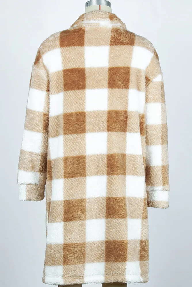 Brown Open Button Plaid Long Length Fleece Winter Outfits Coat