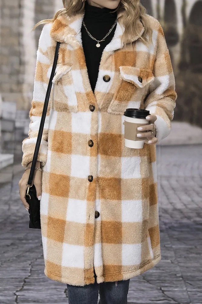 Brown Open Button Plaid Long Length Fleece Winter Outfits Coat