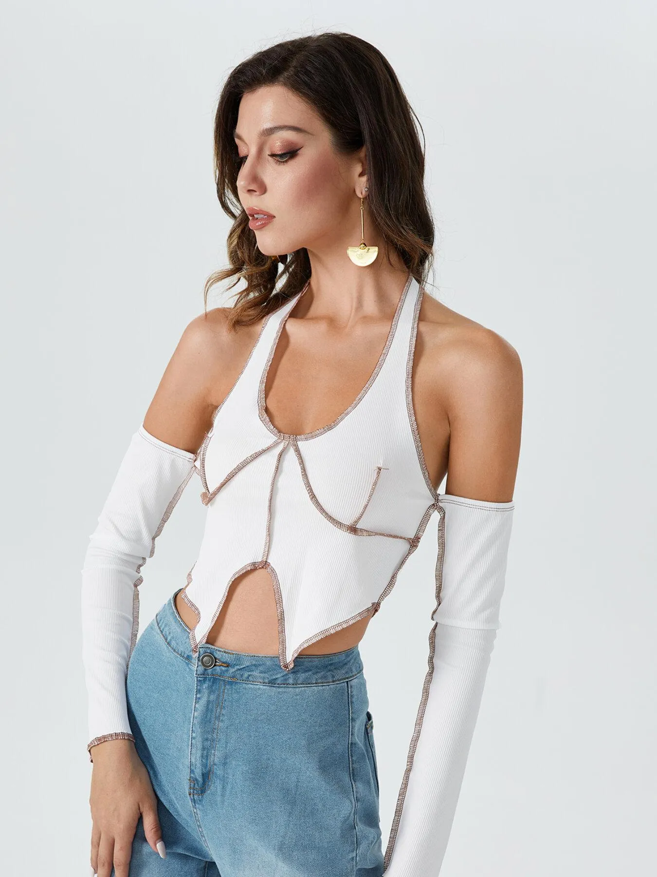Contrast Stitch Backless Halter Crop Top