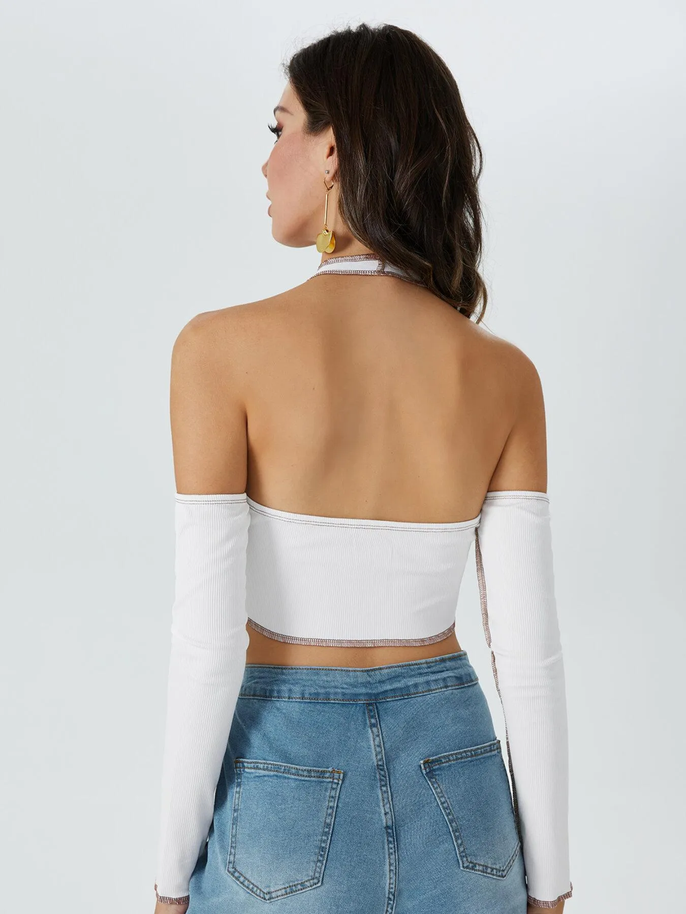 Contrast Stitch Backless Halter Crop Top