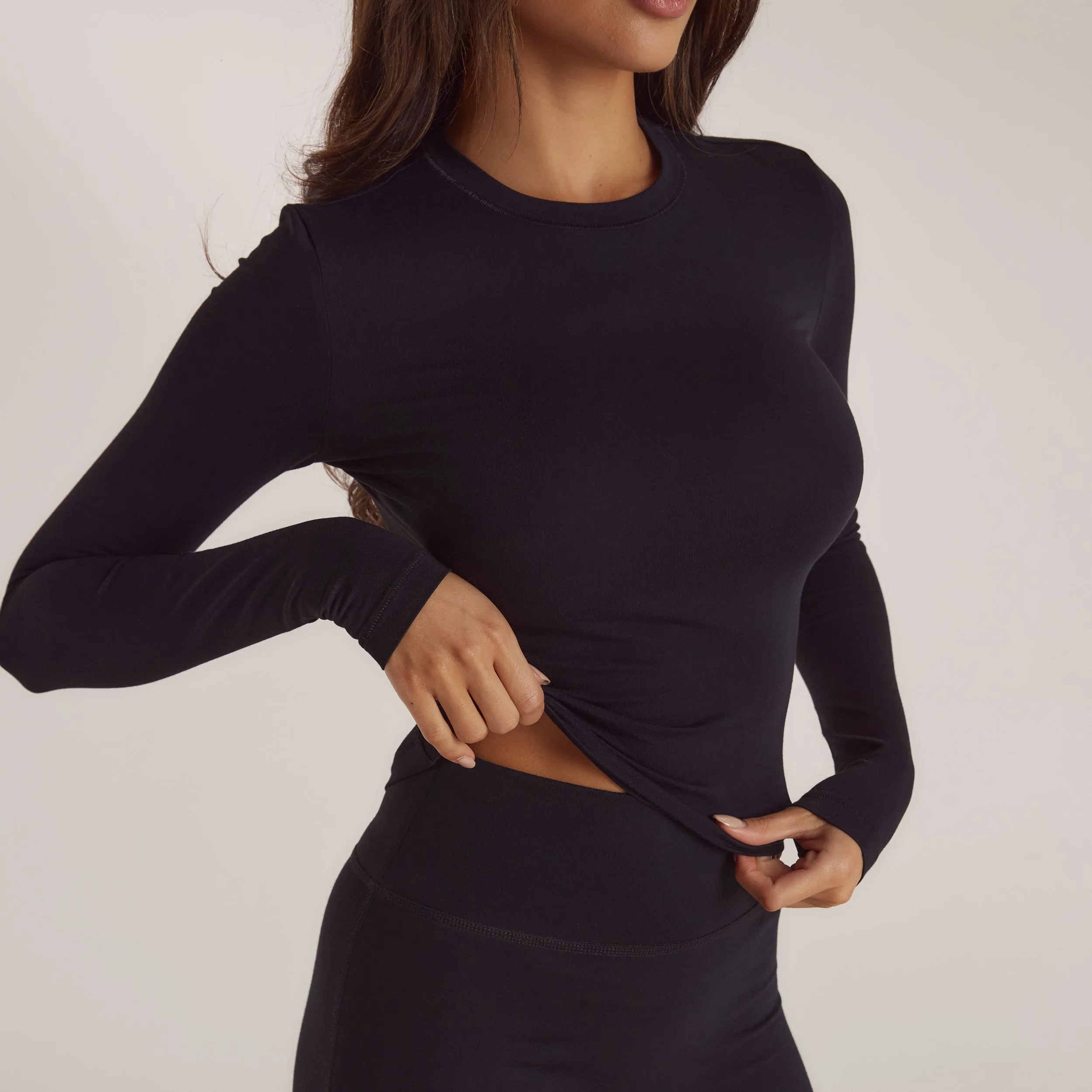Cotton Blend Long Sleeve Top - Black