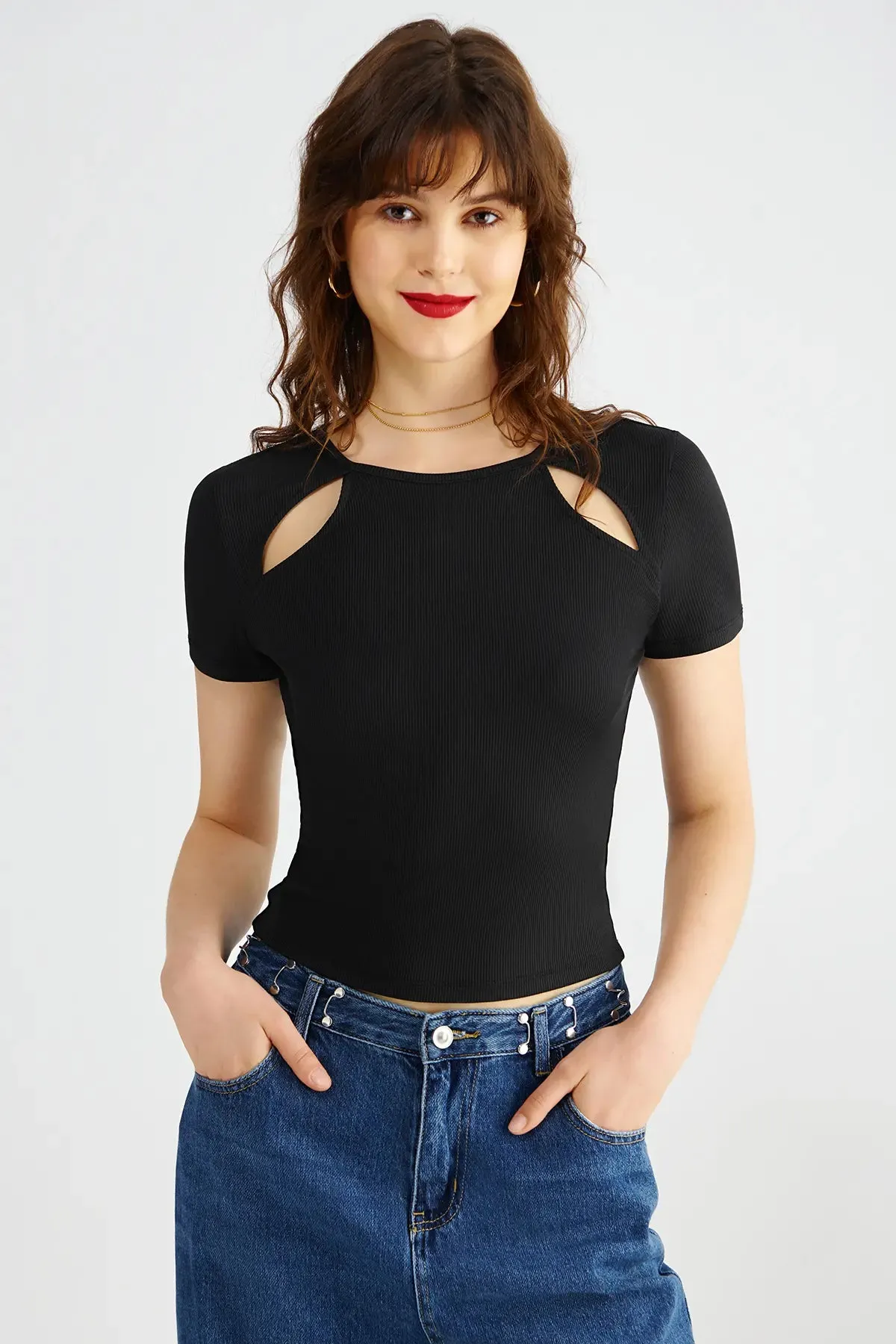Cut Out Round Neck Rib Tee