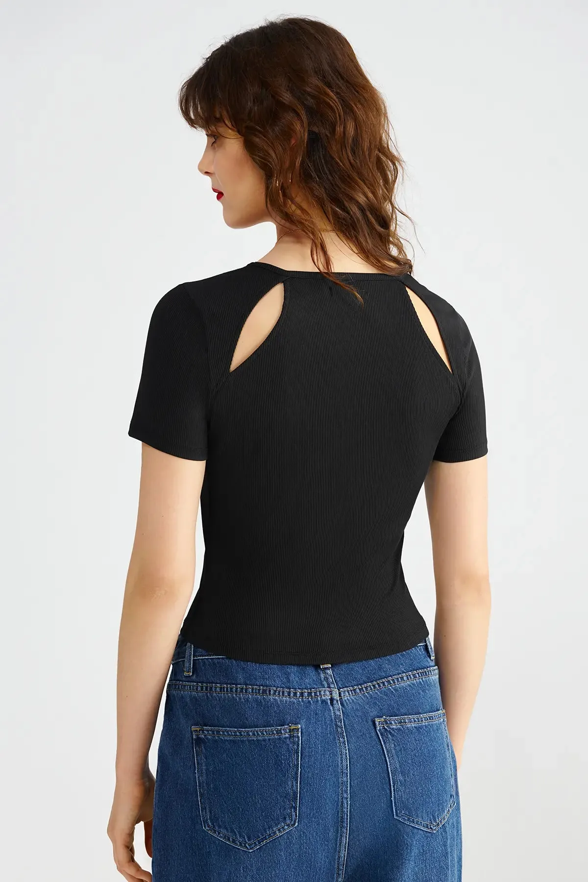 Cut Out Round Neck Rib Tee