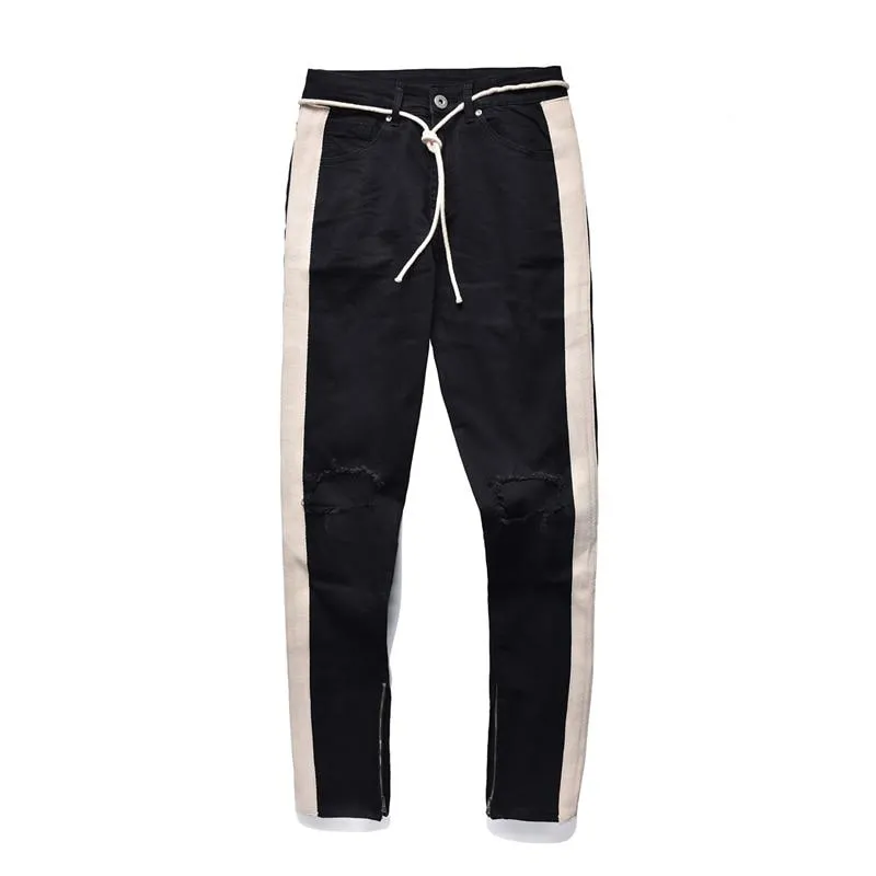Distressed Knee Ripped Side Stripe Ankle Zipper Jeans