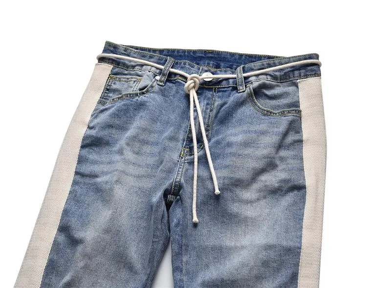 Distressed Knee Ripped Side Stripe Ankle Zipper Jeans