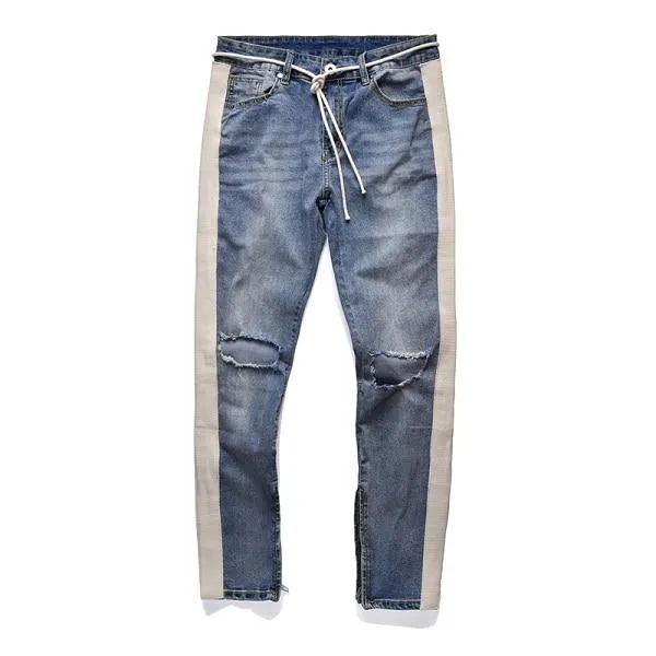 Distressed Knee Ripped Side Stripe Ankle Zipper Jeans