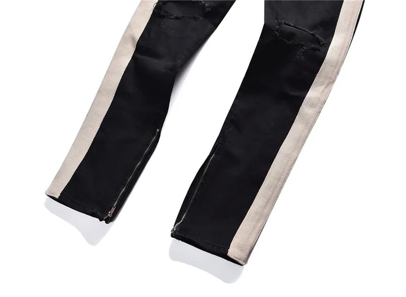Distressed Knee Ripped Side Stripe Ankle Zipper Jeans