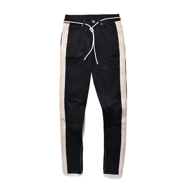 Distressed Knee Ripped Side Stripe Ankle Zipper Jeans