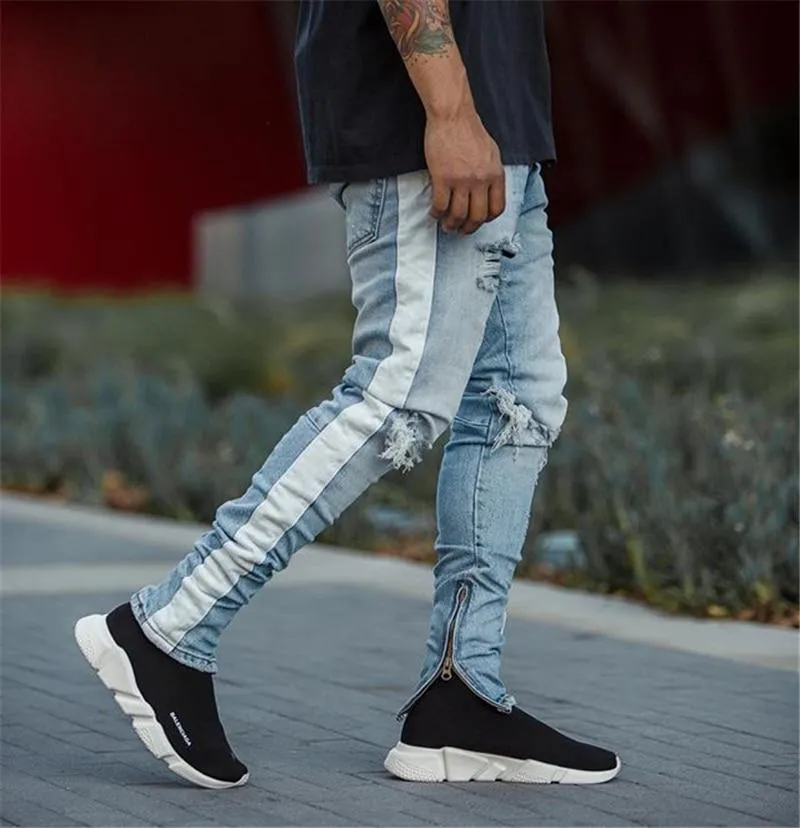 Distressed Knee Ripped Side Stripe Ankle Zipper Jeans