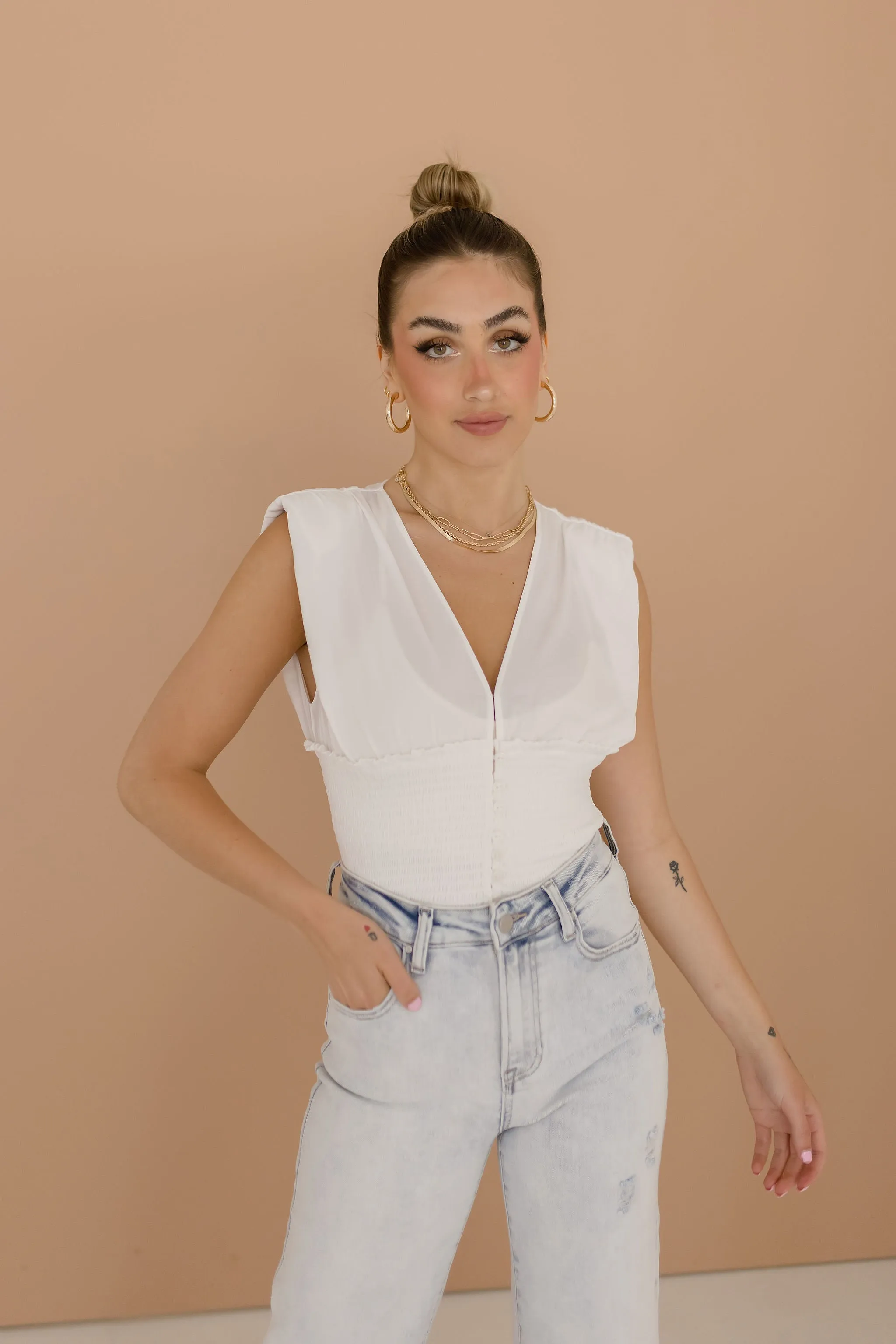 Dorothy Sleeveless Deep V Neck Top White
