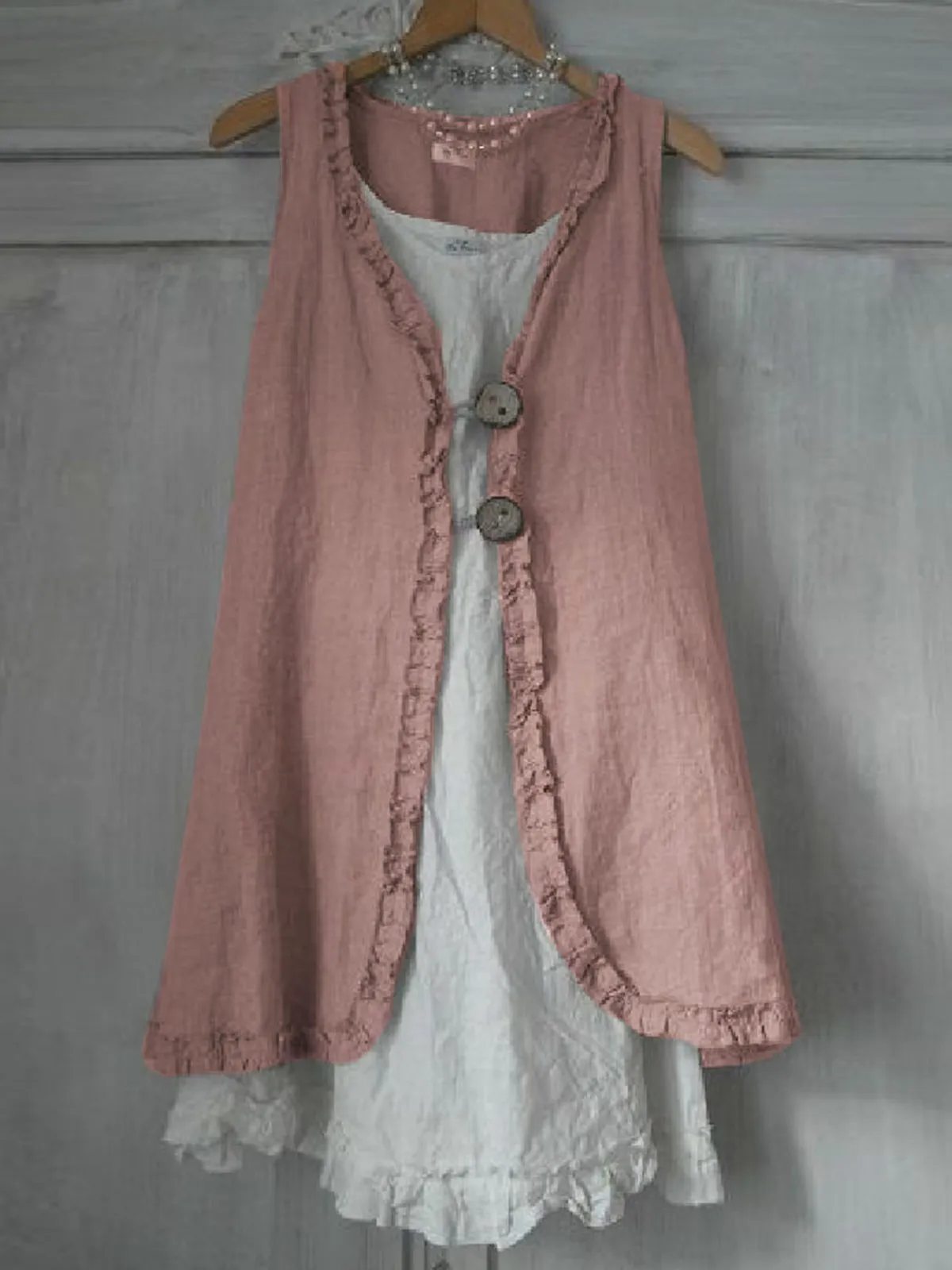 Dunnmall Buttoned Ruffled Sleeveless Linen Solid Shirts & Tops