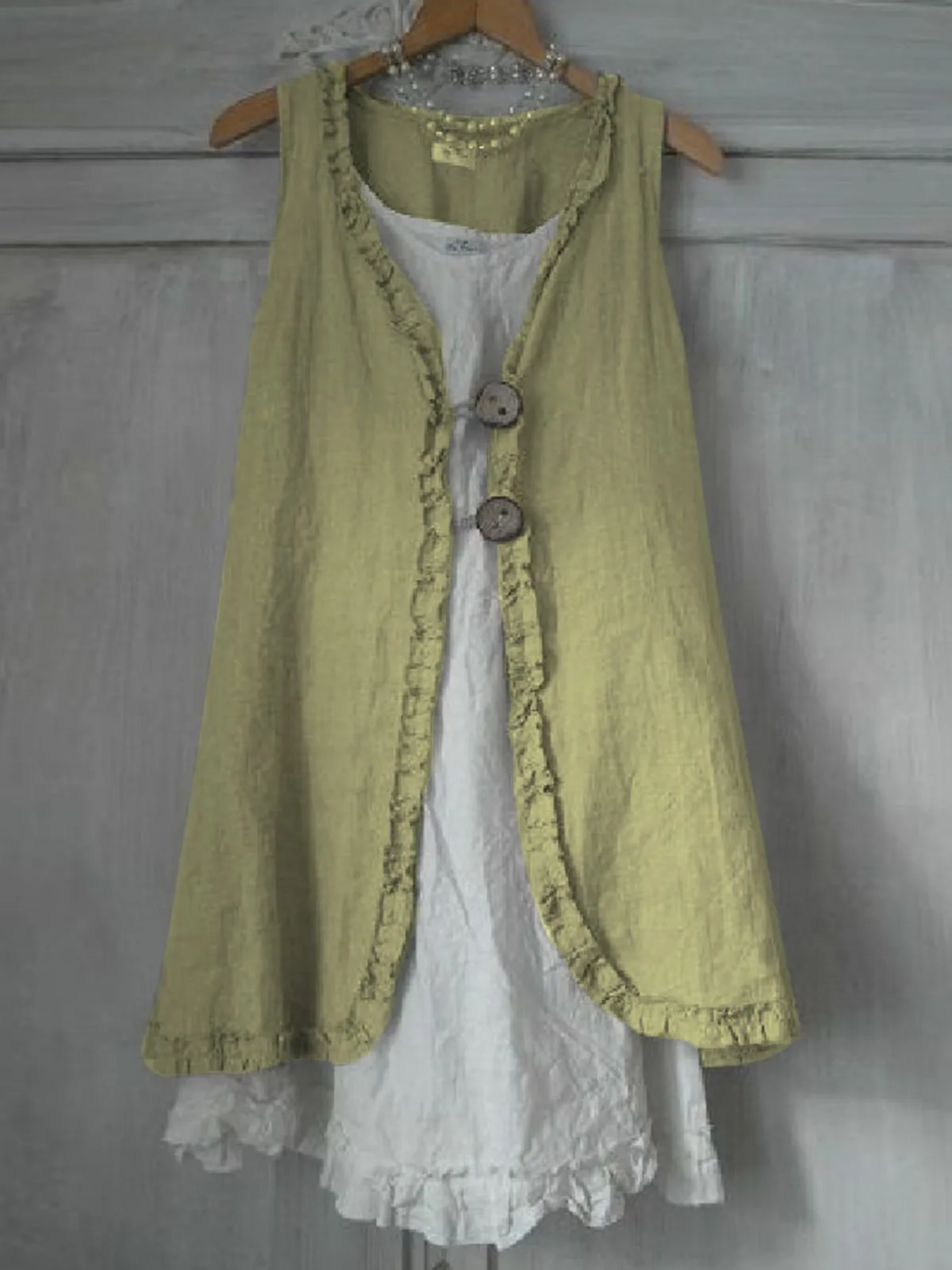 Dunnmall Buttoned Ruffled Sleeveless Linen Solid Shirts & Tops