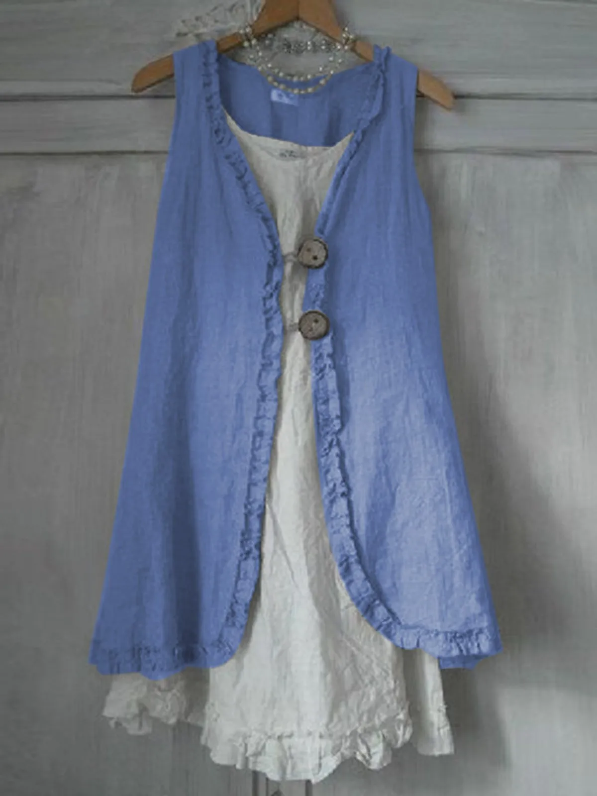 Dunnmall Buttoned Ruffled Sleeveless Linen Solid Shirts & Tops
