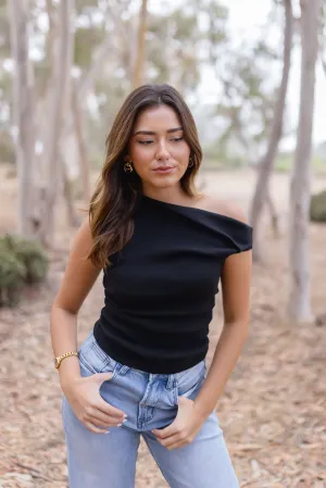 Ella Sleeveless Asymmetrical Neckline Top Black