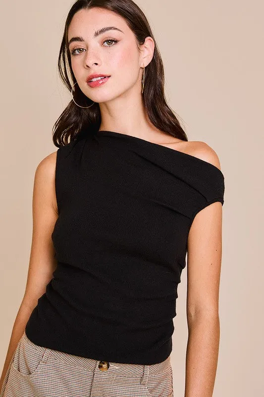Ella Sleeveless Asymmetrical Neckline Top Black