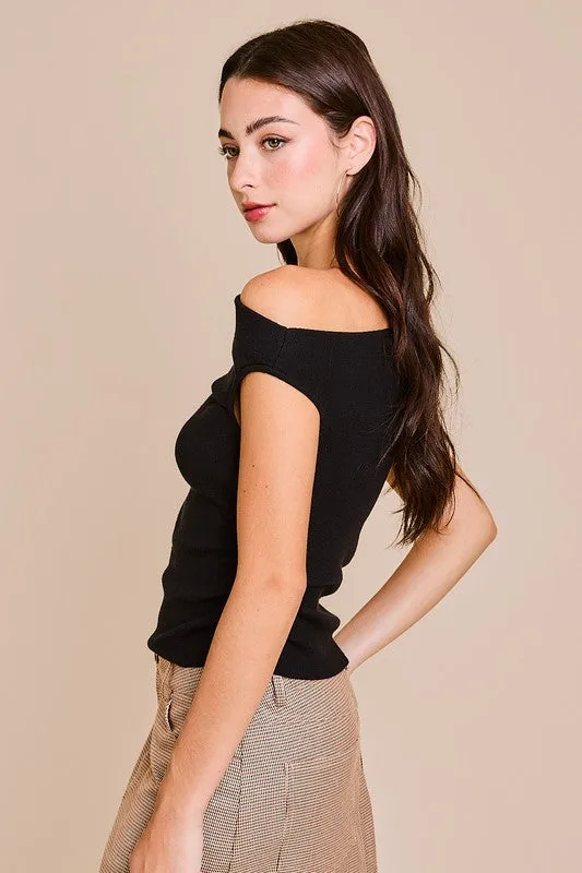 Ella Sleeveless Asymmetrical Neckline Top Black