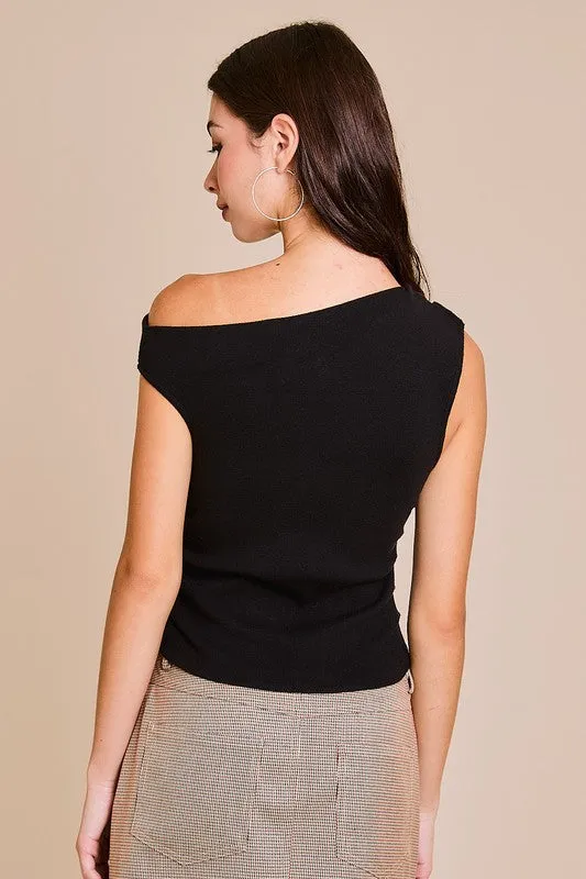 Ella Sleeveless Asymmetrical Neckline Top Black