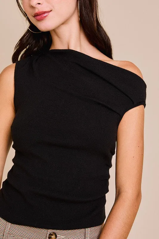 Ella Sleeveless Asymmetrical Neckline Top Black