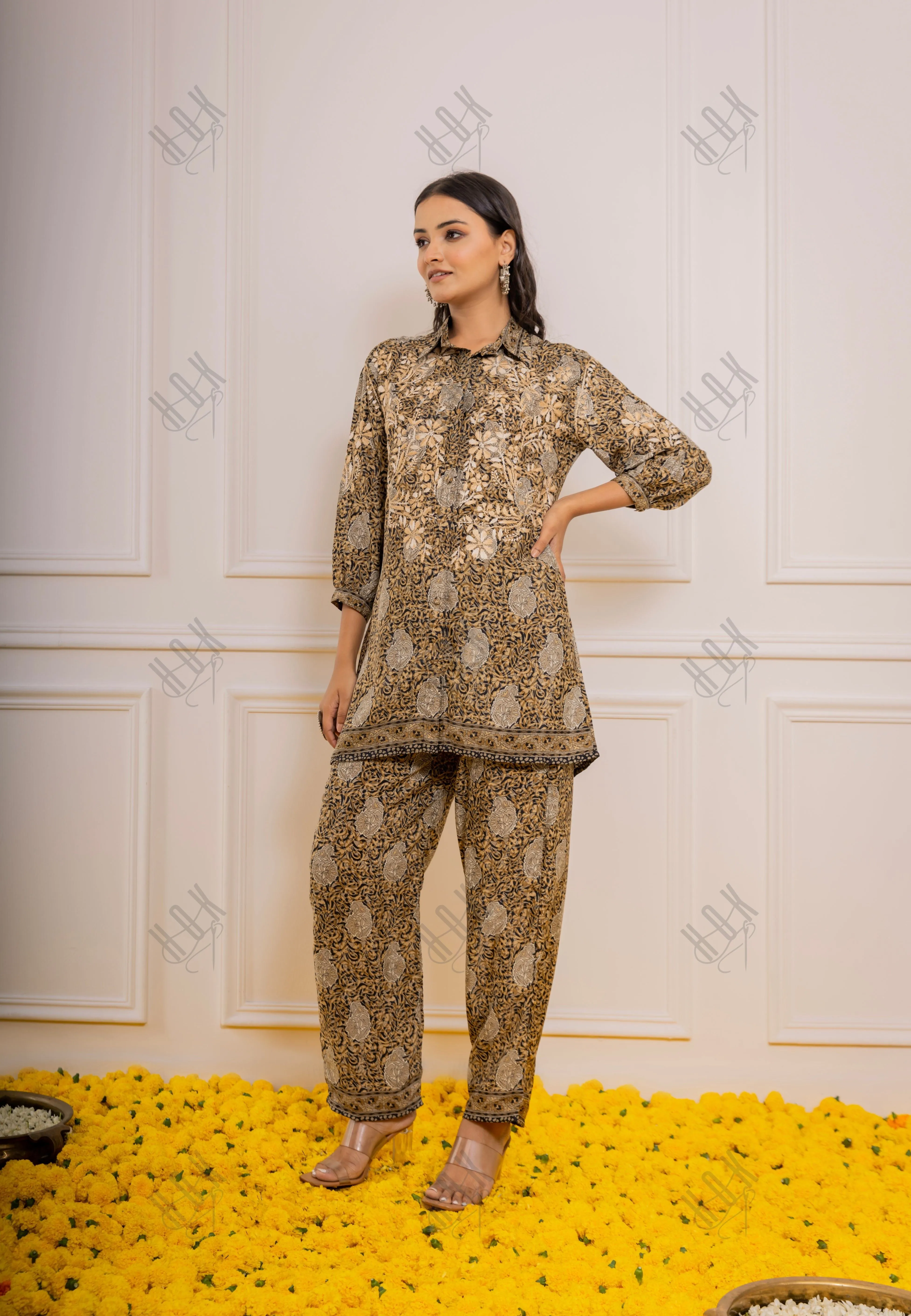 Fizaa Black and Golden Polysilk Print Set with Beige Hand Embroidery