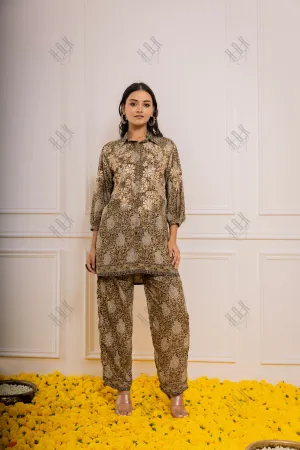 Fizaa Black and Golden Polysilk Print Set with Beige Hand Embroidery