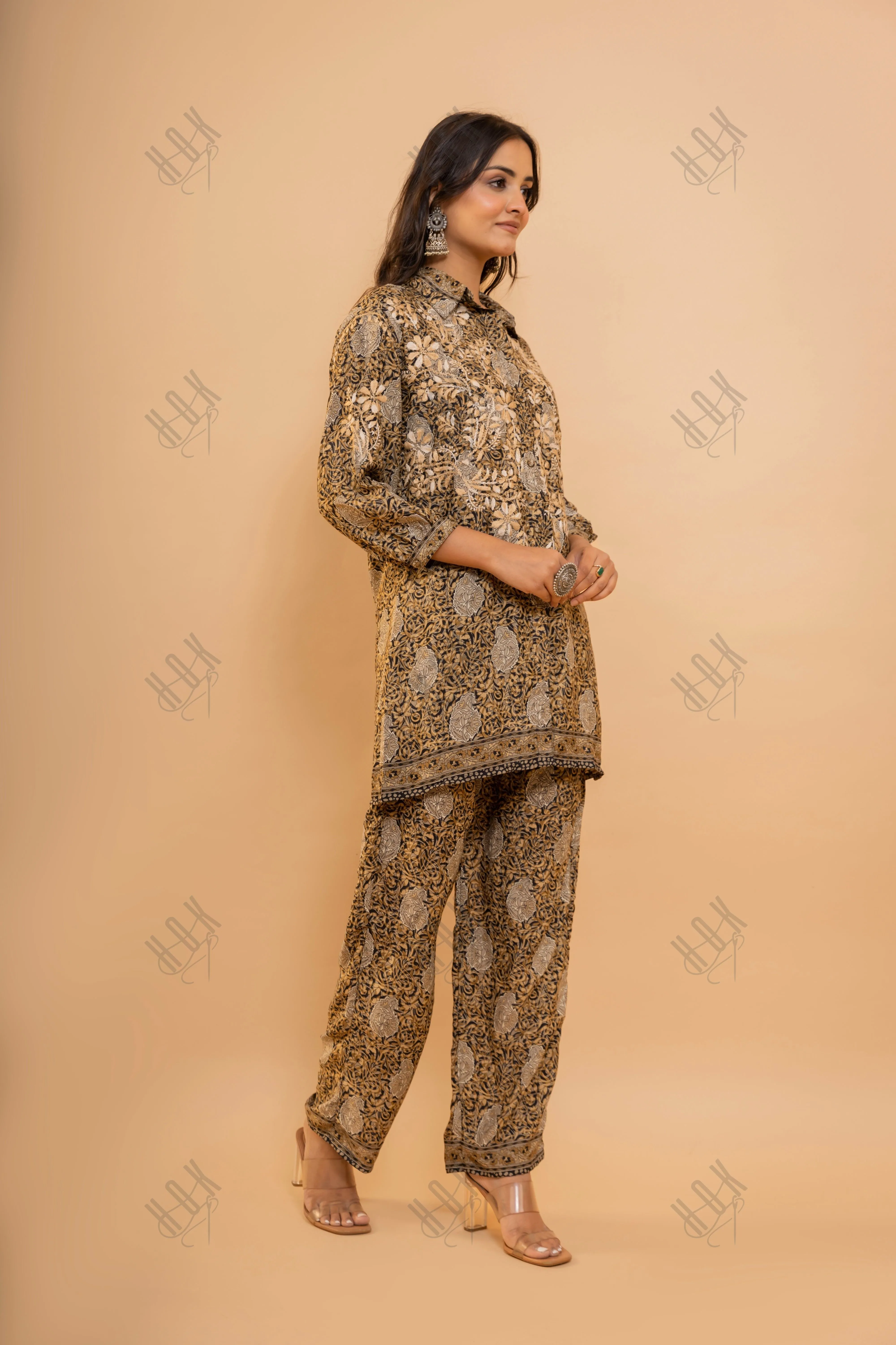 Fizaa Black and Golden Polysilk Print Set with Beige Hand Embroidery