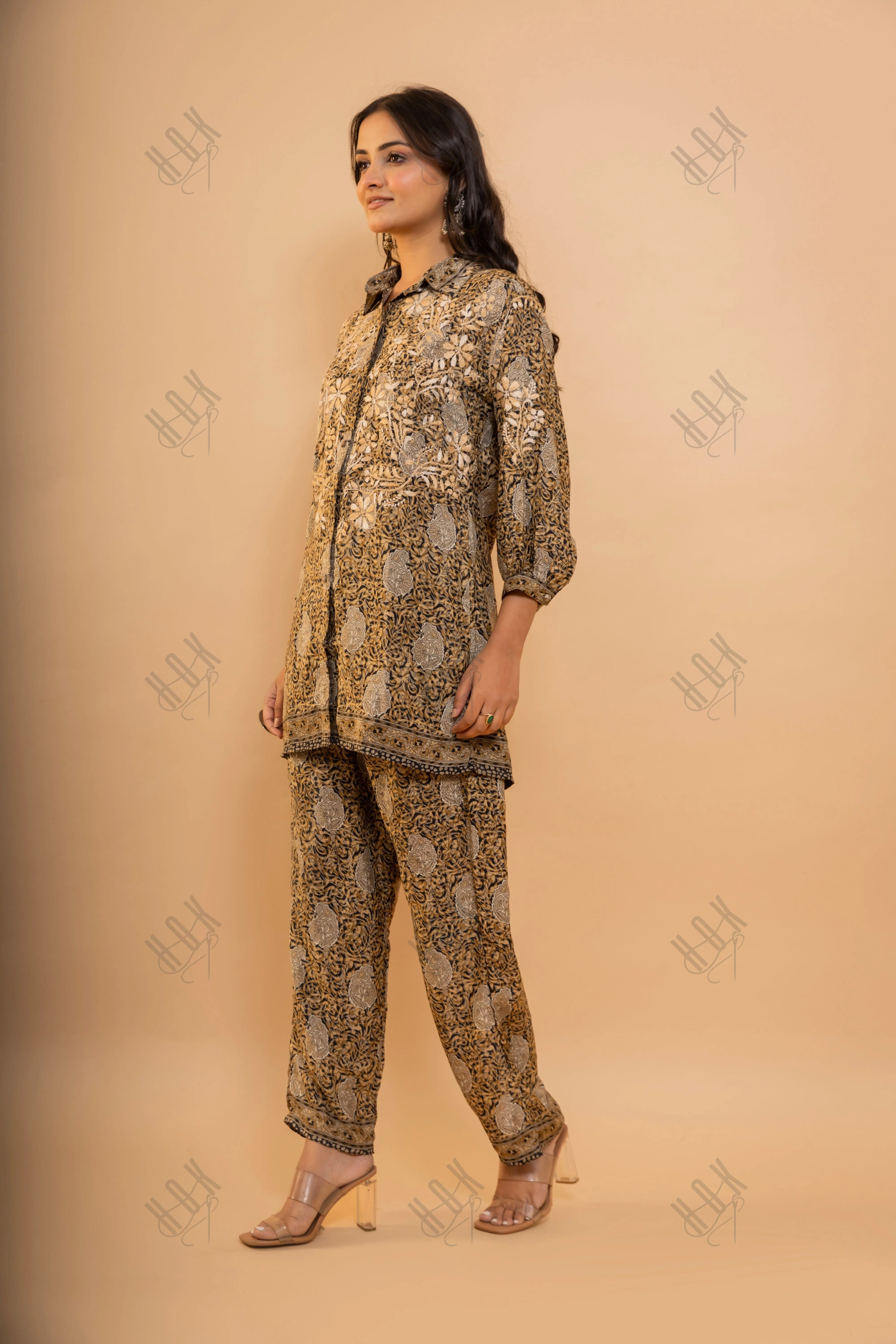 Fizaa Black and Golden Polysilk Print Set with Beige Hand Embroidery