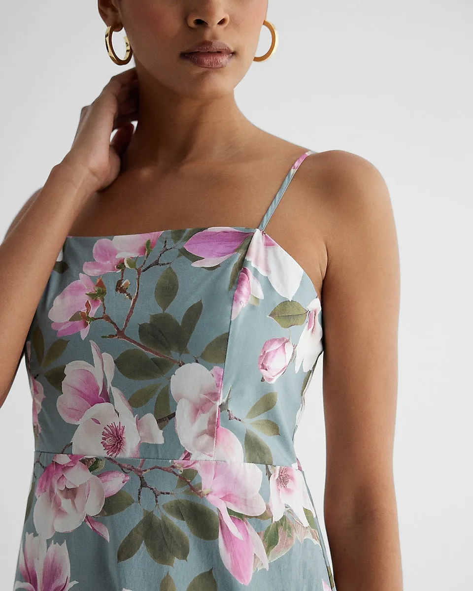 Floral Print Square Neck Tiered Poplin Maxi Dress in Multi