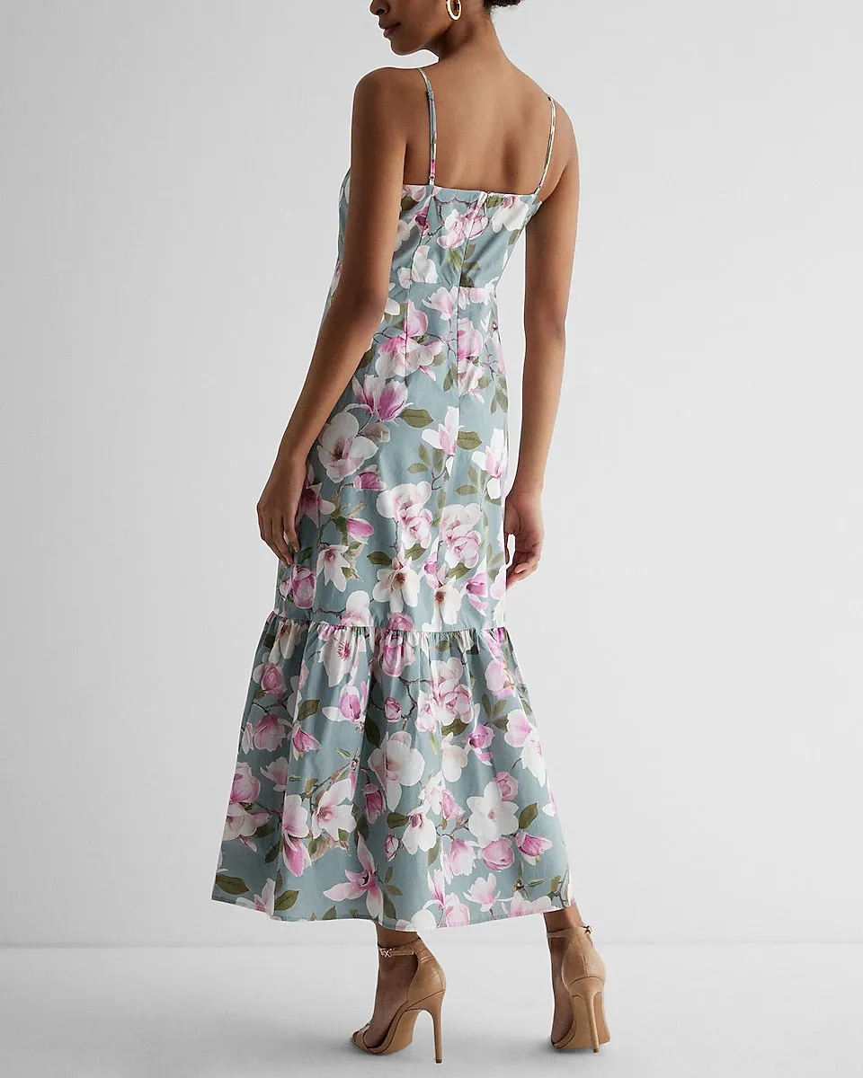 Floral Print Square Neck Tiered Poplin Maxi Dress in Multi