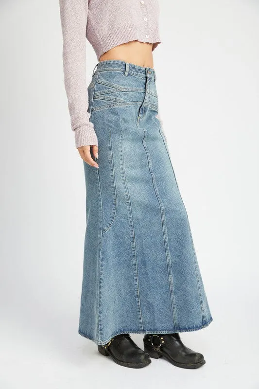 Fluted Denim Maxi Skirt