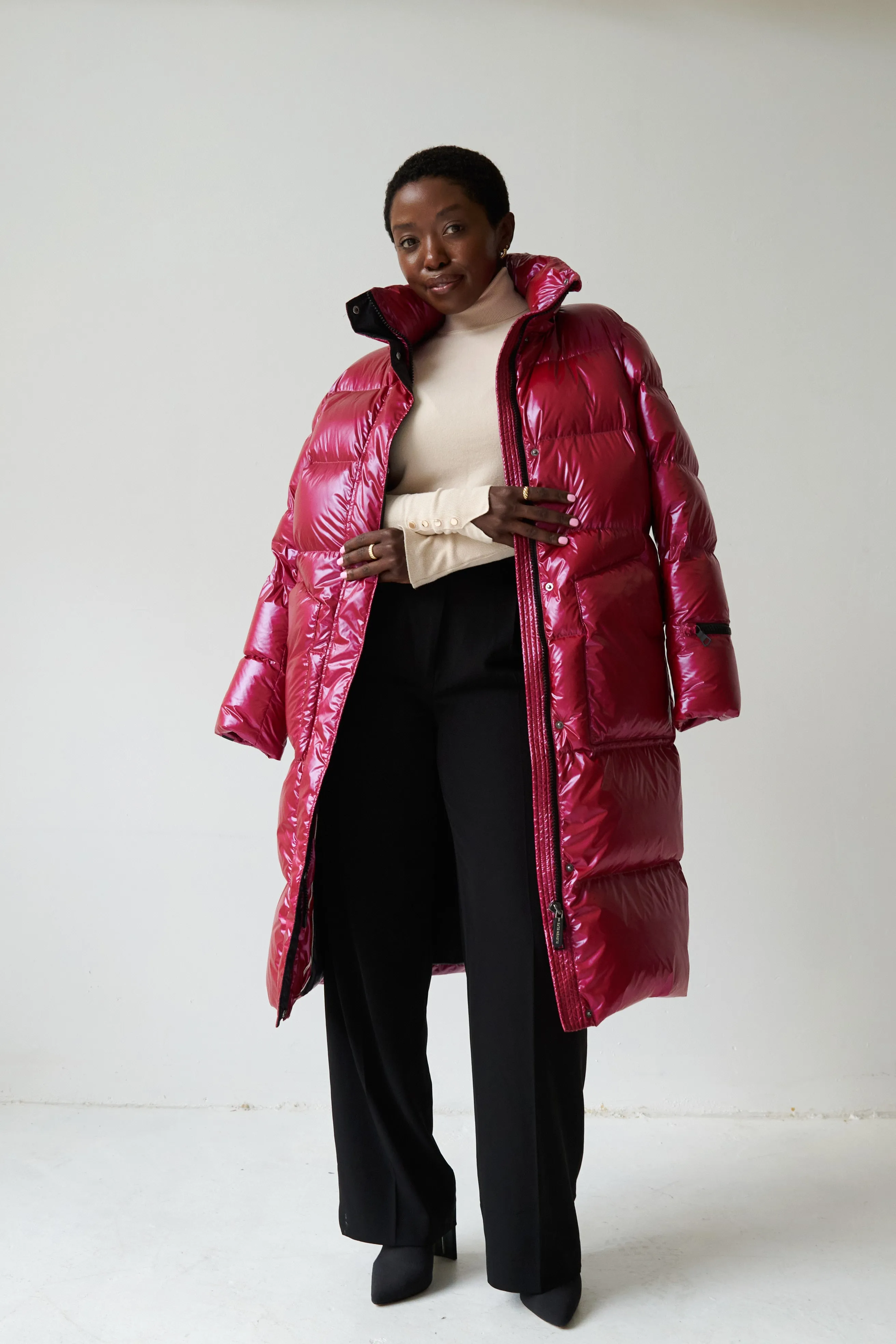 Fria Long Down Coat | Dark Lipstick Red