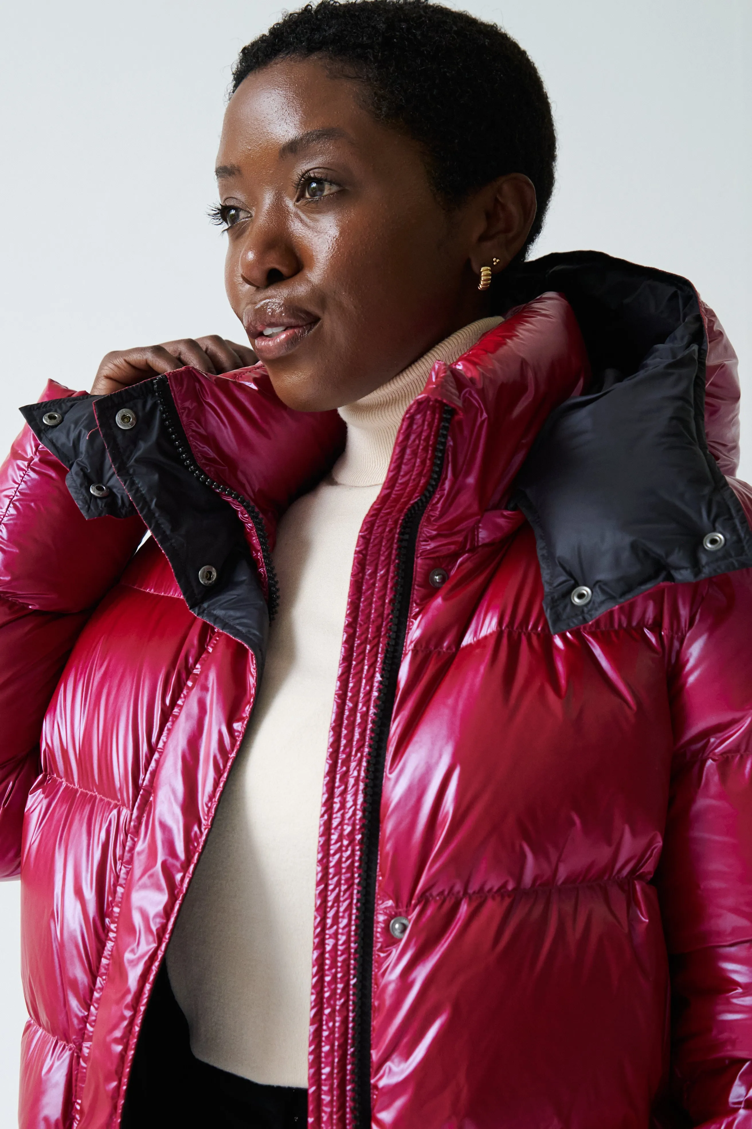 Fria Long Down Coat | Dark Lipstick Red