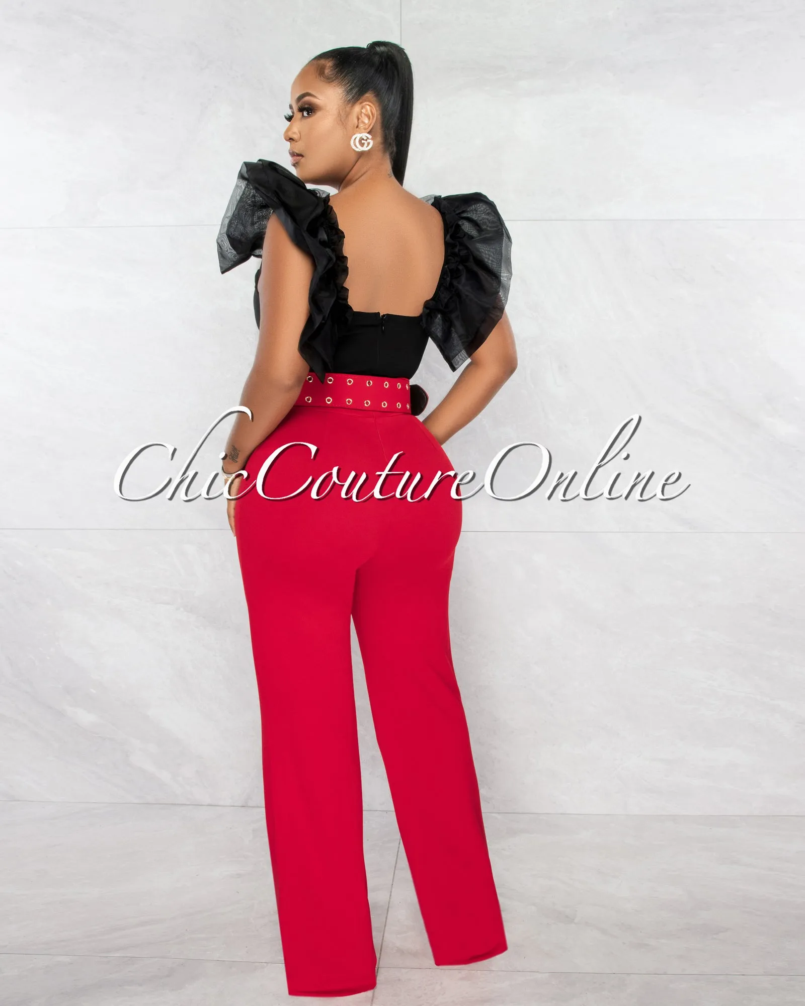 Gazella Red Gold Buckle Belt High Waist Palazzo Pants