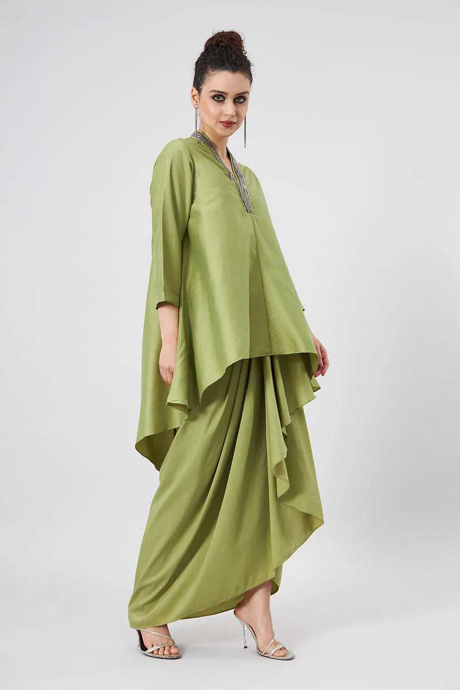 Green Tunic & Drape Skirt Co-Ords Set