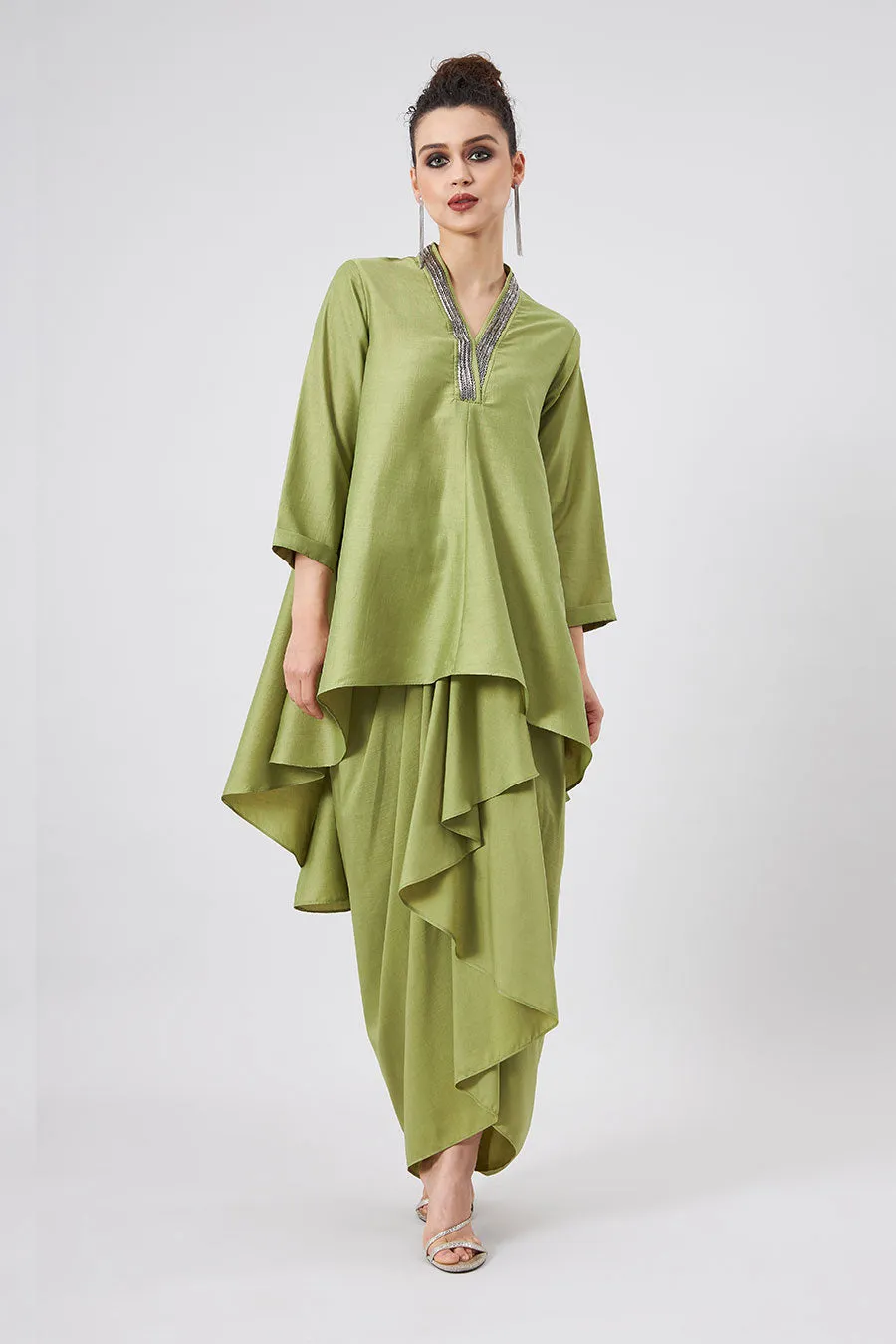 Green Tunic & Drape Skirt Co-Ords Set