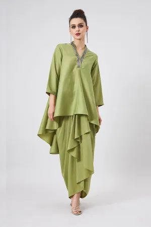 Green Tunic & Drape Skirt Co-Ords Set