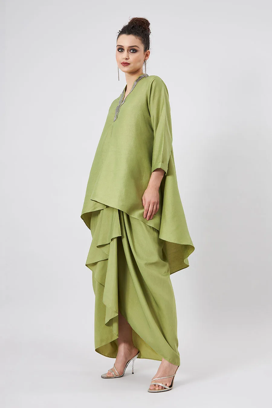 Green Tunic & Drape Skirt Co-Ords Set