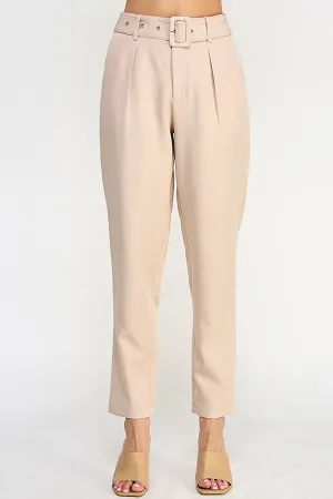 Ivory High Waist Pants With Belt Detail