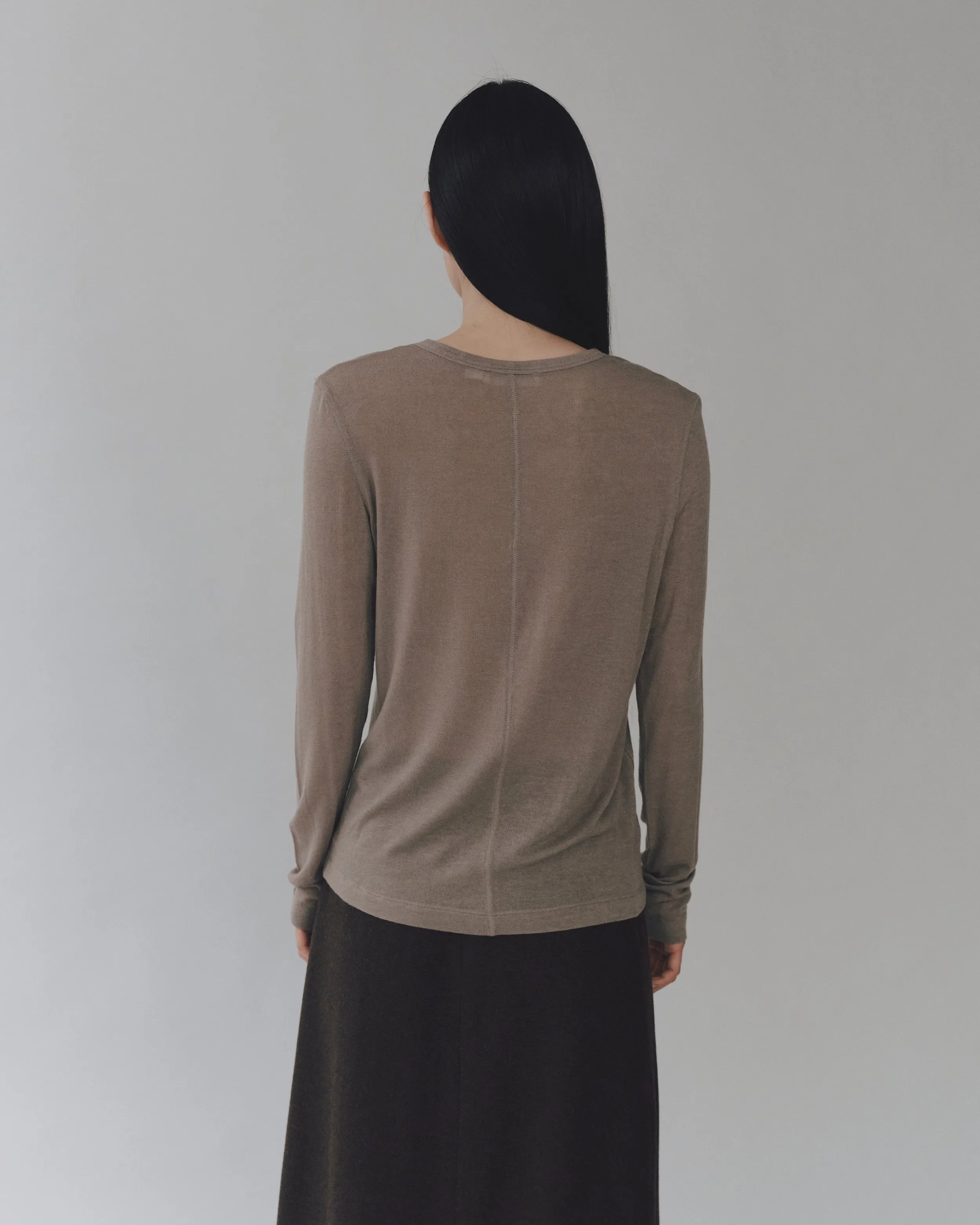Khaki Wool Tencel Crew Neck Top