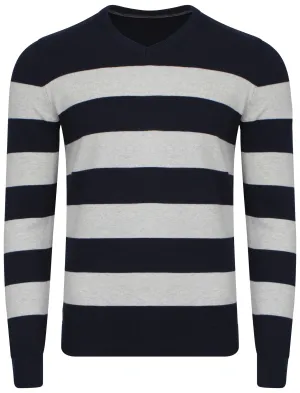 Le Shark V-neck contrast stripe jumper in mid blue