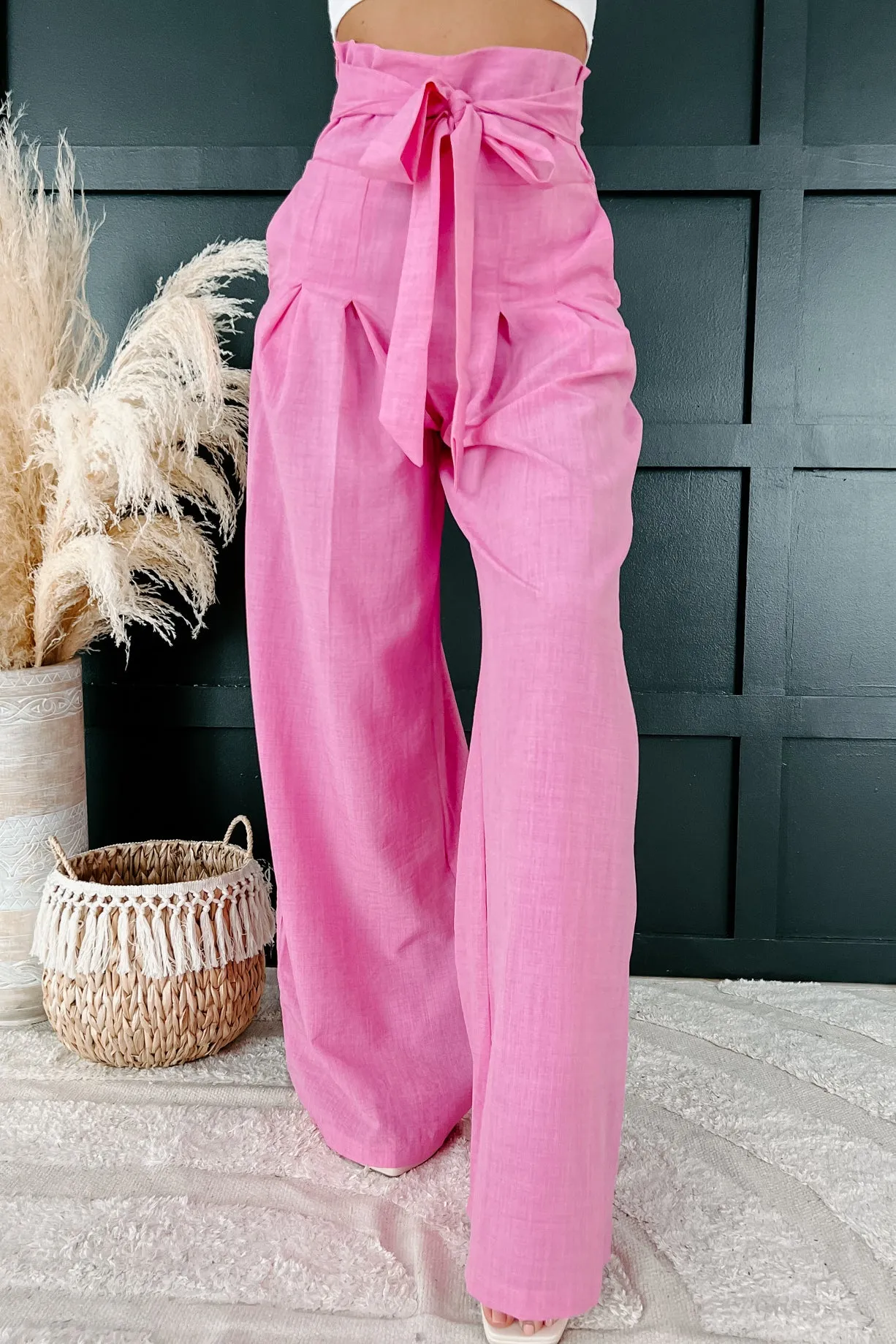 Loud And Clear Tie Waist High Rise Wide Leg Pants (Pink)