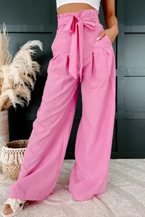 Loud And Clear Tie Waist High Rise Wide Leg Pants (Pink)